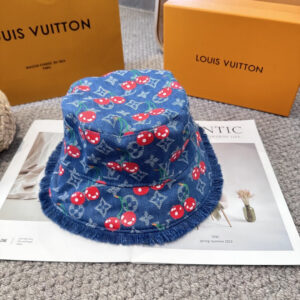 Batch 33 Louis Vuitton 2025 New Cute Cherry Sun Hat Women's Breathable Fisherman Hat Denim Blue Vacation Travel Photography Baseball Hat